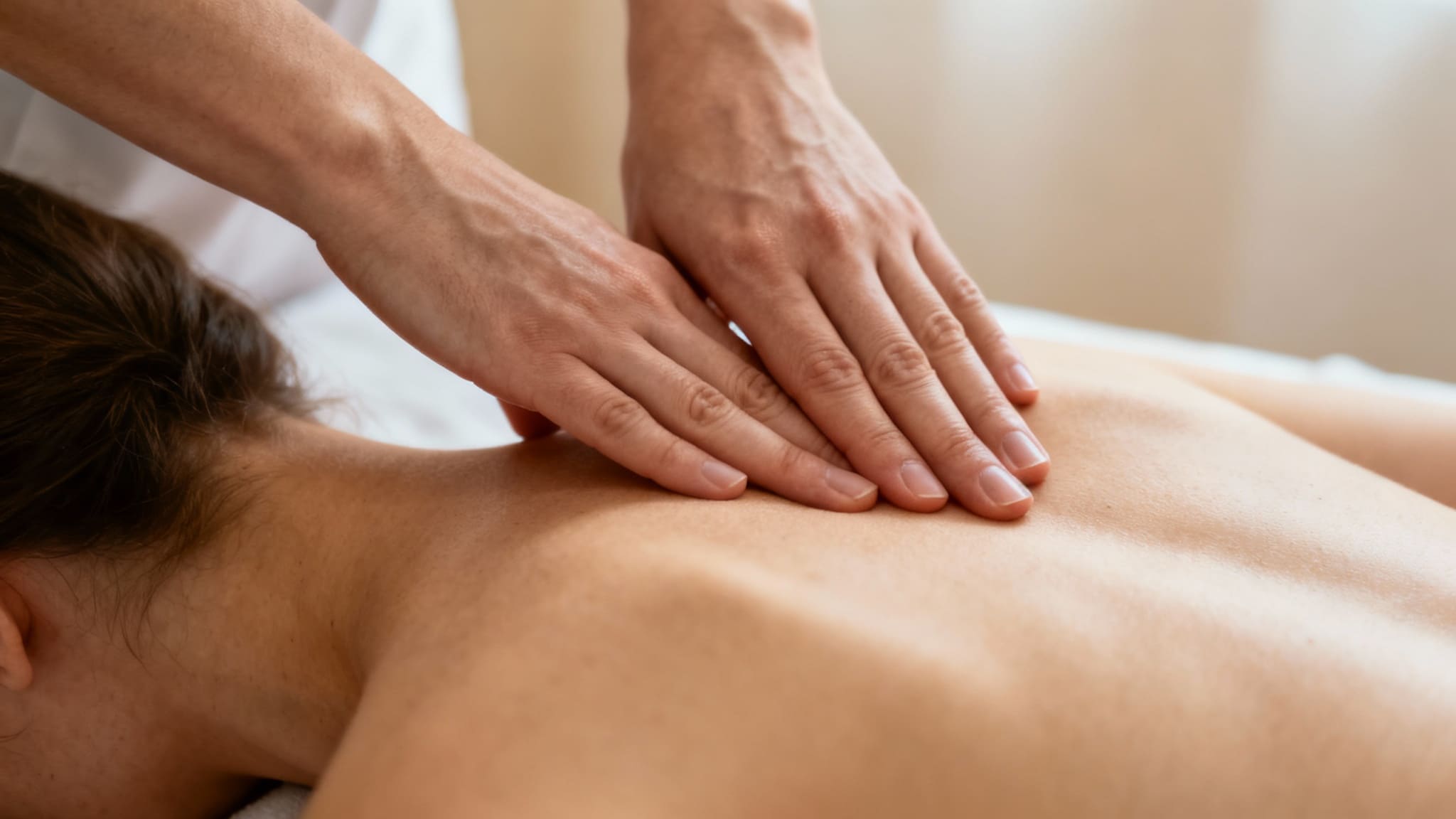 Profesjonalna sesja integracji strukturalnej w Krakowie. Terapeuta wykonuje głęboki masaż powięziowy na plecach pacjentki.