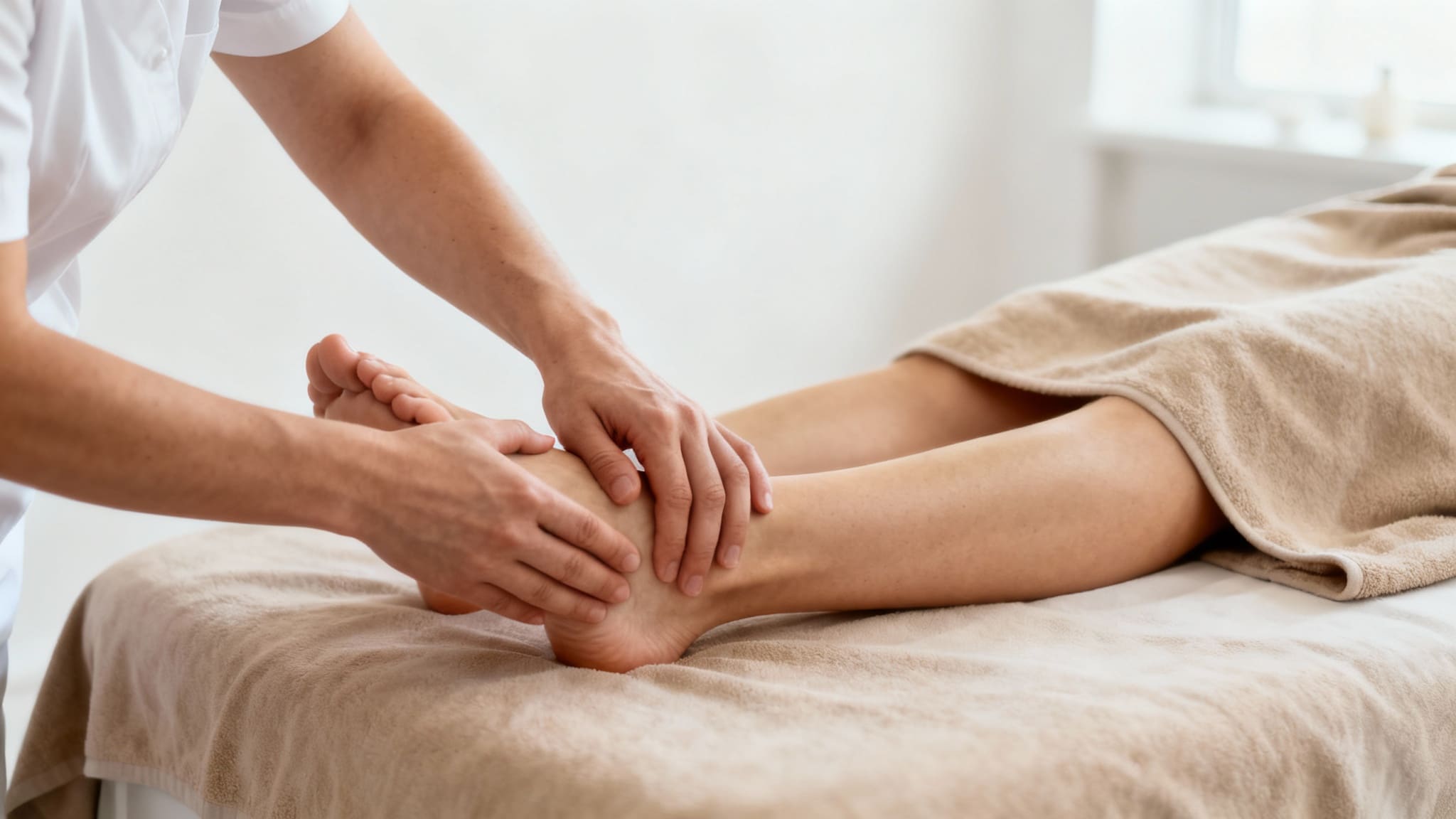 Element sesji integracji strukturalnej – terapeuta pracuje manualnie nad tkanką łączną w obrębie stopy i stawu skokowego pacjenta.