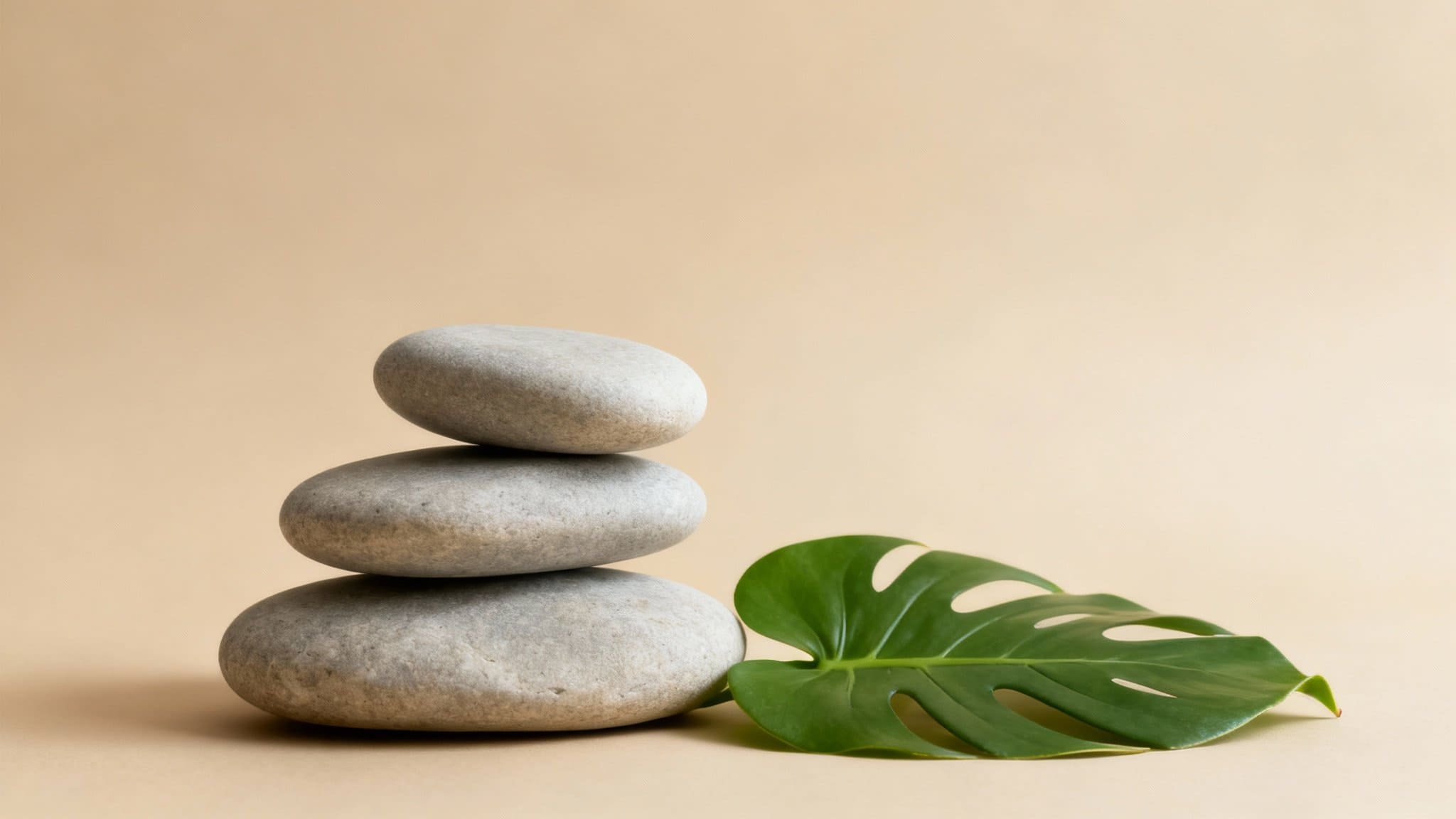 Symbol równowagi i harmonii w integracji strukturalnej – trzy gładkie kamienie ułożone jeden na drugim obok zielonego liścia.