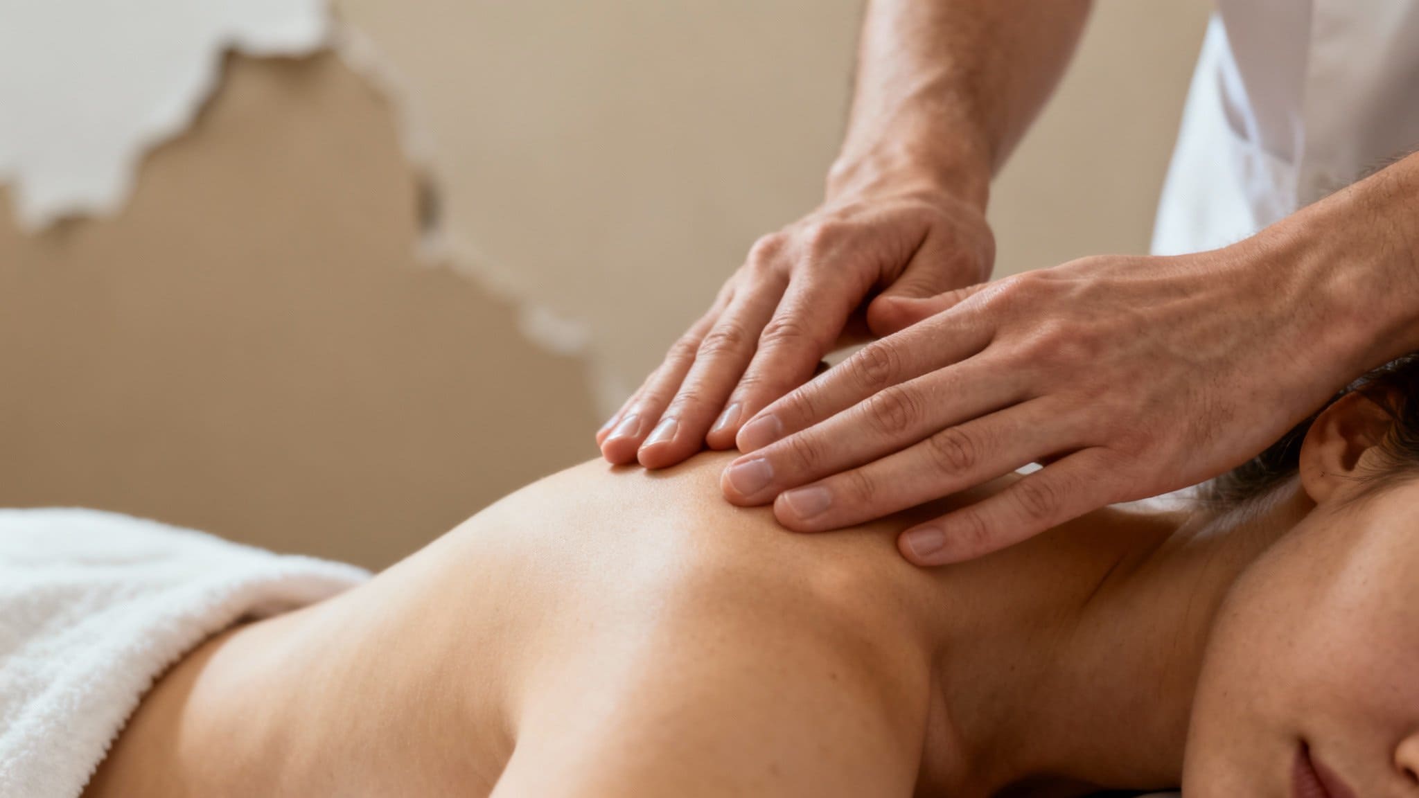 Terapia powięziowa w ramach integracji strukturalnej, skupiona na uwalnianiu napięć w okolicy barku i karku pacjentki.