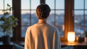 Psychoterapia Kraków 2 Osoba odnajdująca spokój i patrząca przez okno na chaotyczne miasto, co symbolizuje radzenie sobie z atakiem paniki.