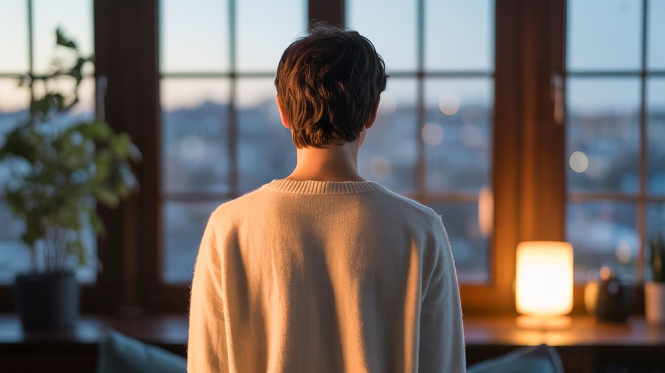 Osoba odnajdująca spokój i patrząca przez okno na chaotyczne miasto, co symbolizuje radzenie sobie z atakiem paniki.