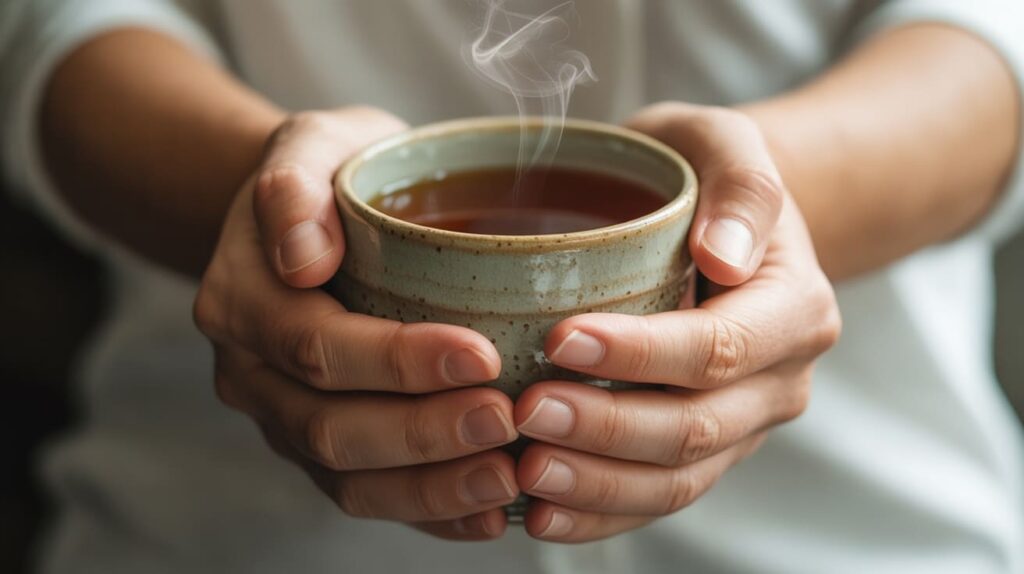 Osoba stosująca technikę uziemienia podczas ataku paniki, trzymając w dłoniach kubek ciepłej herbaty.