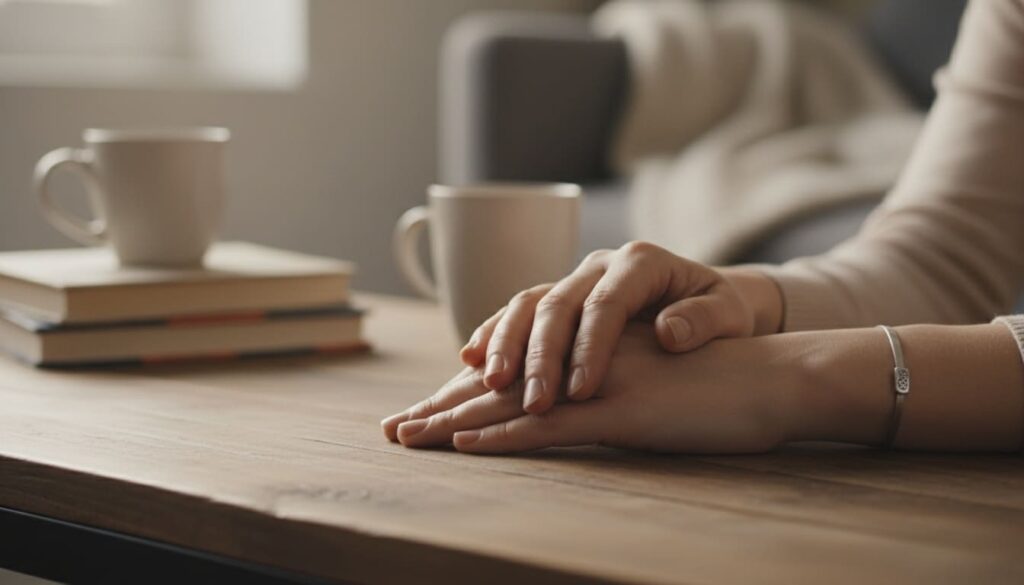 Gest wsparcia w postaci dłoni spoczywającej na ramieniu drugiej osoby, ilustrujący znaczenie relacji w leczeniu lęku.