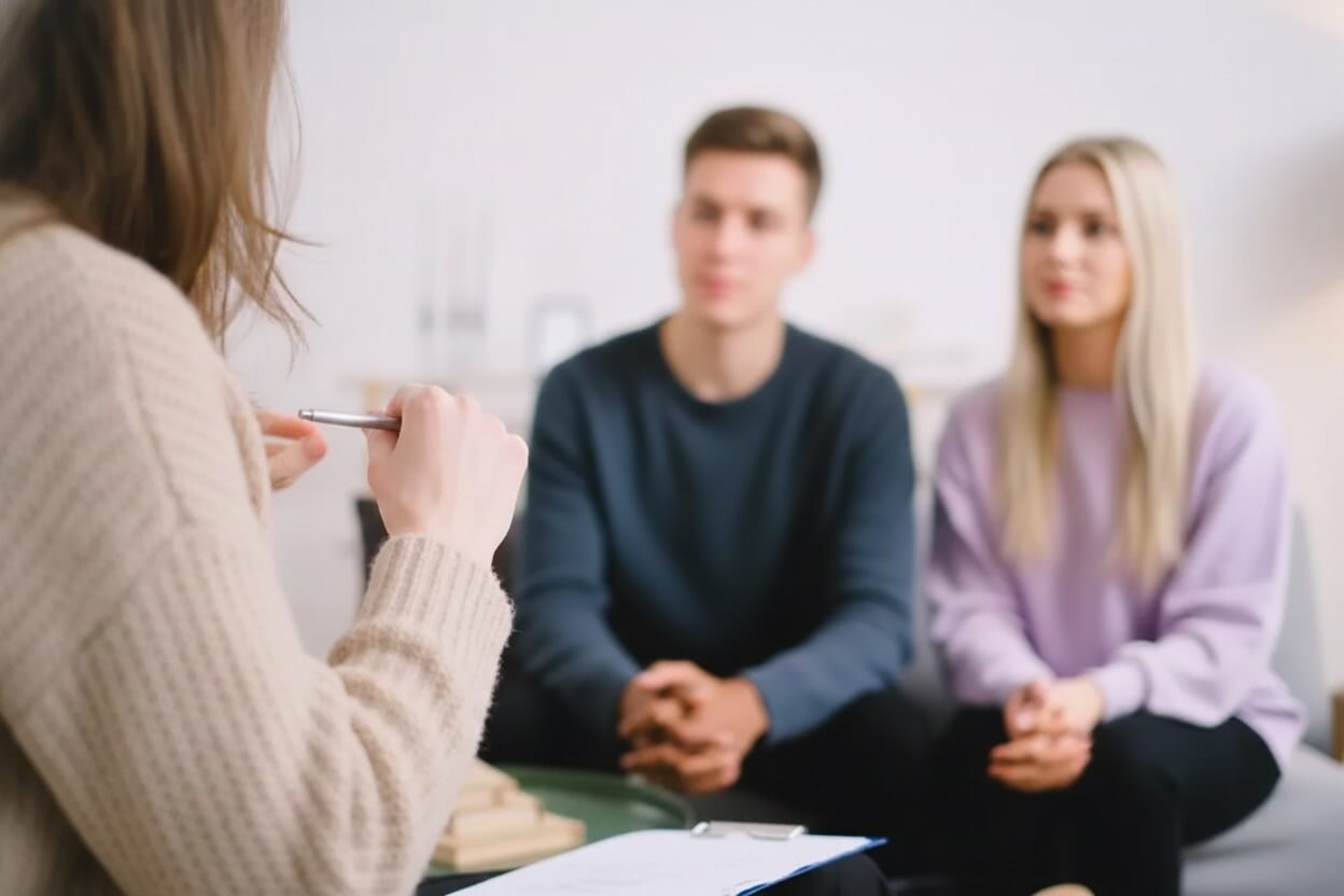 Psychoterapeutka prowadzi rozmowę z parą podczas sesji psychoterapii dla par w Krakowie.