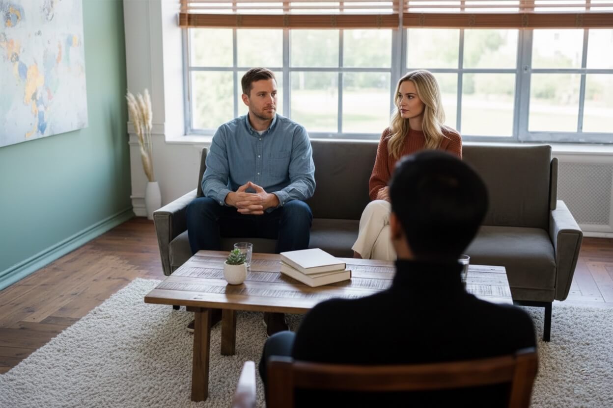 Para na kanapie podczas sesji terapii małżeńskiej w gabinecie psychoterapeuty w Krakowie.