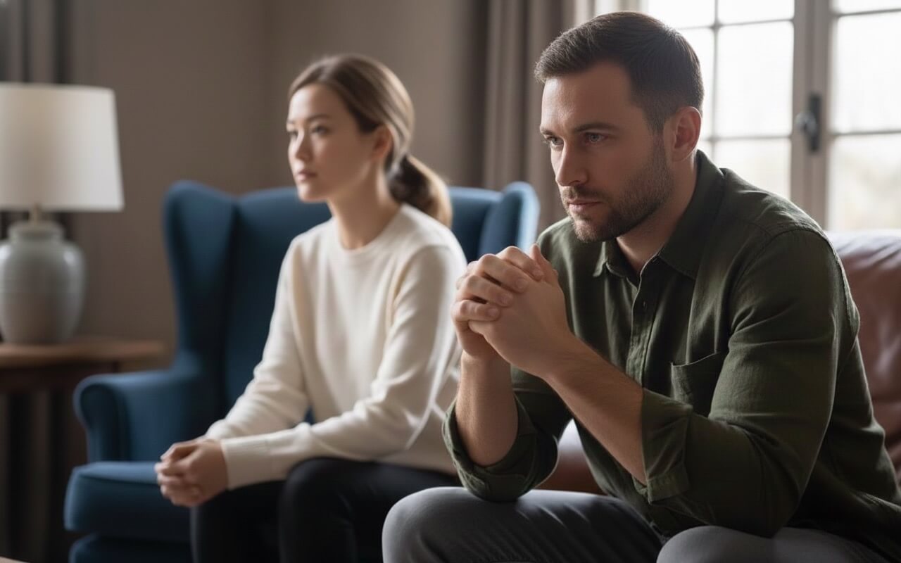 Para przeżywająca kryzys w związku siedzi w zamyśleniu, rozważając terapię par w Krakowie.