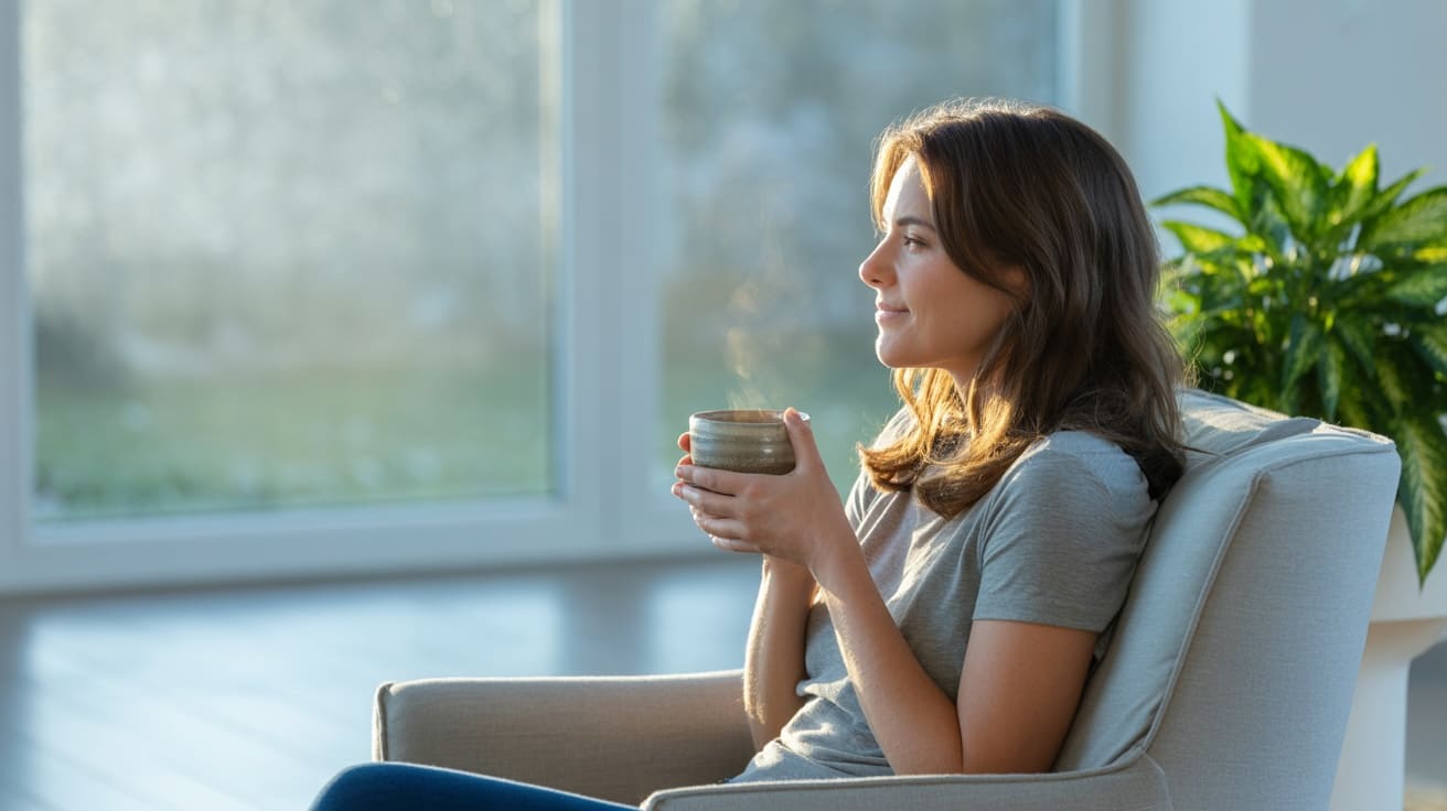 Kobieta z kubkiem herbaty odpoczywa w fotelu, symbolizując ulgę i spokój odzyskany dzięki wsparciu psychologicznemu.