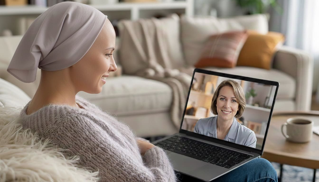 Pacjentka podczas konsultacji psychoonkologicznej online, rozmawiająca z terapeutką przez laptopa w domowym zaciszu.