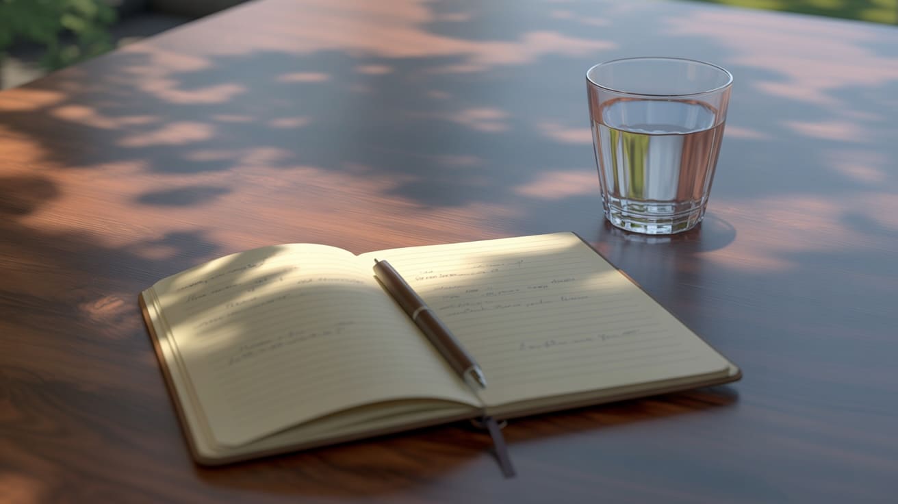 Otwarty notatnik i długopis na drewnianym stole, symbolizujące pracę własną pacjenta i techniki poznawczo-behawioralne w terapii.