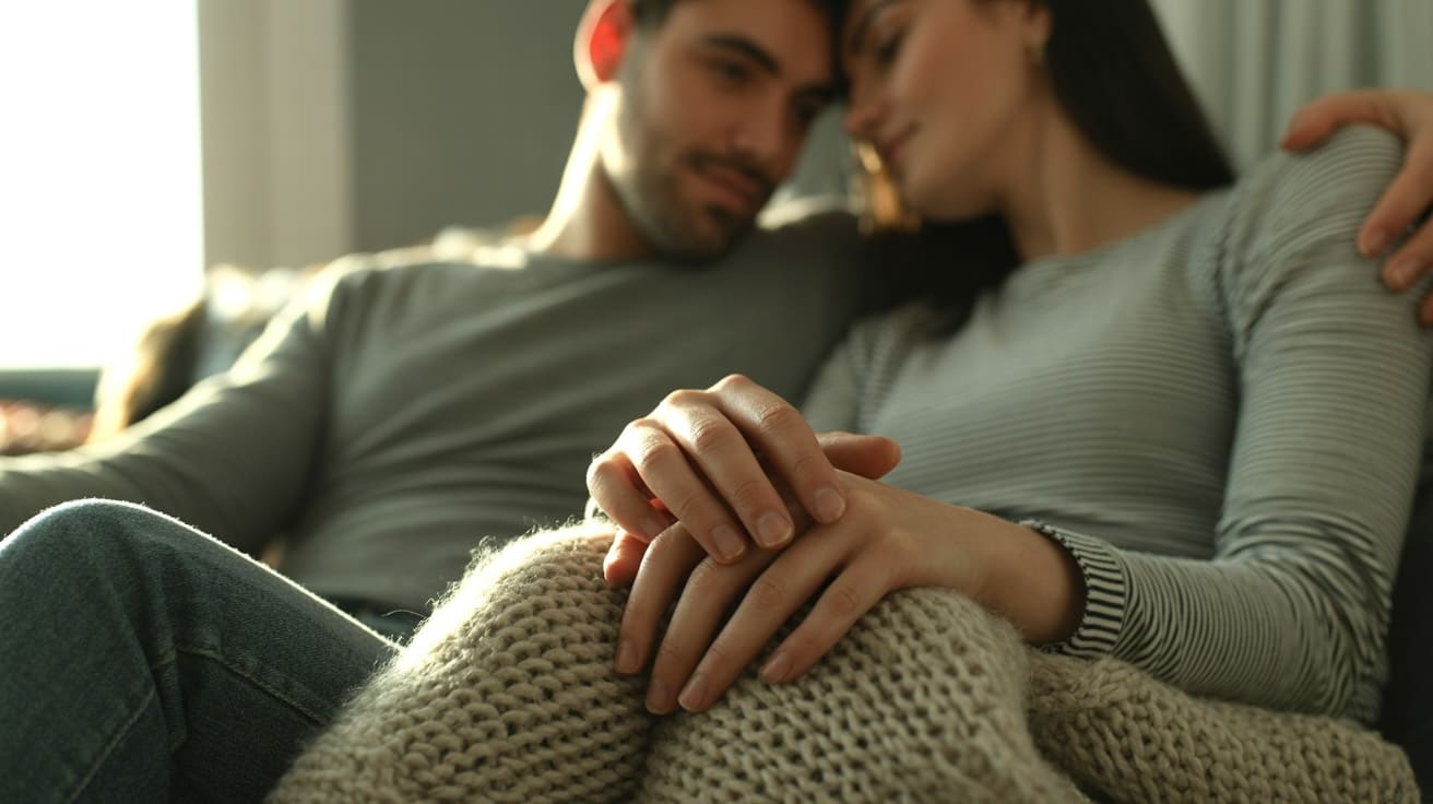 Para trzymająca się za ręce na kanapie, obrazująca wsparcie rodziny i terapię par w chorobie nowotworowej.