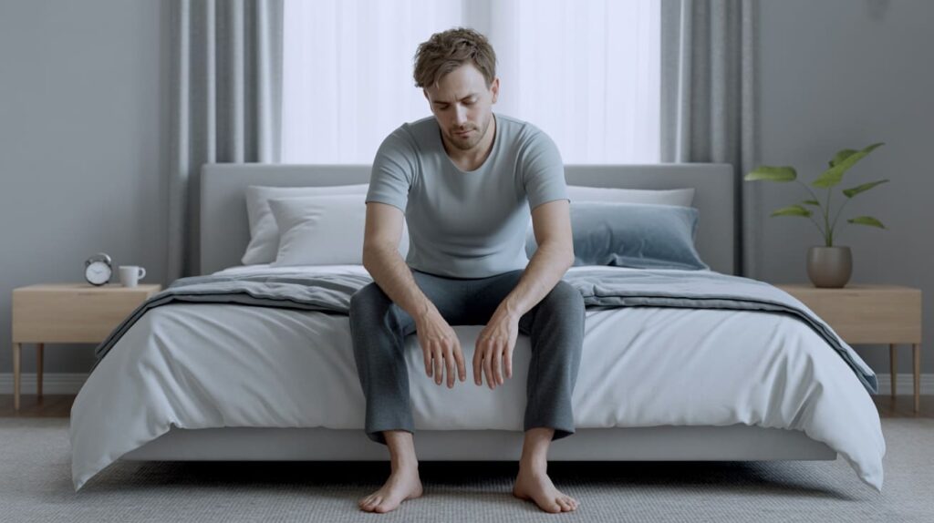Zmęczony mężczyzna siedzący na brzegu łóżka, obrazujący problemy ze snem i wyczerpanie w depresji.