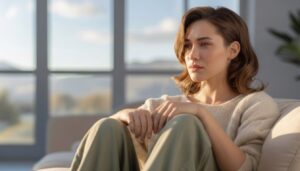 Kobieta odczuwająca brak sensu życia siedząca w zamyśleniu przy oknie.