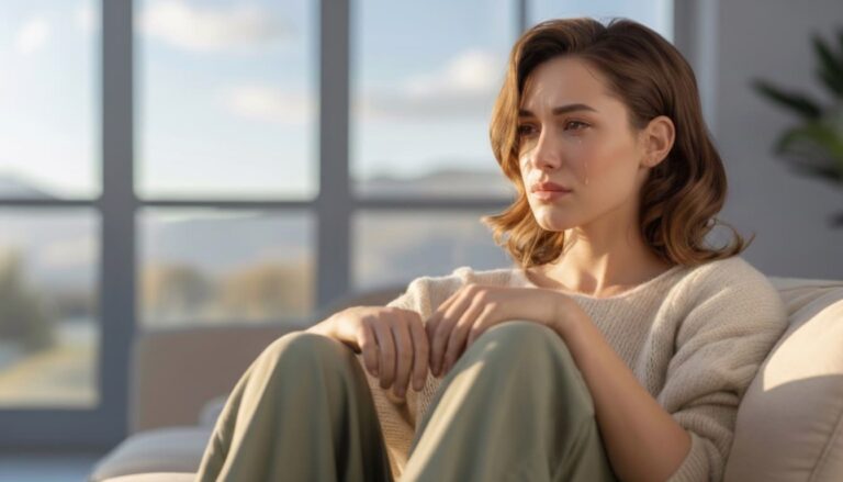 Kobieta odczuwająca brak sensu życia siedząca w zamyśleniu przy oknie.
