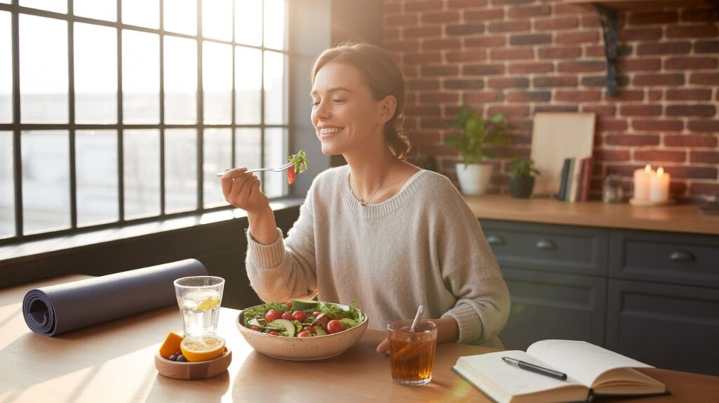Uśmiechnięta kobieta jedząca zdrowy posiłek w kuchni - wpływ diety na zdrowie psychiczne.