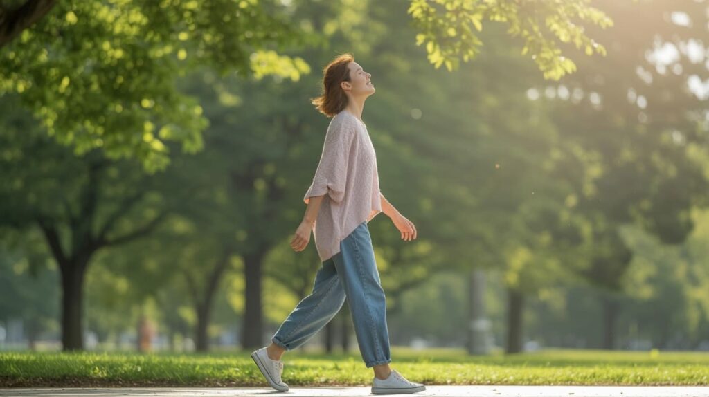 Kobieta spacerująca w parku ciesząca się spokojem i naturą - powrót do zdrowia psychicznego.