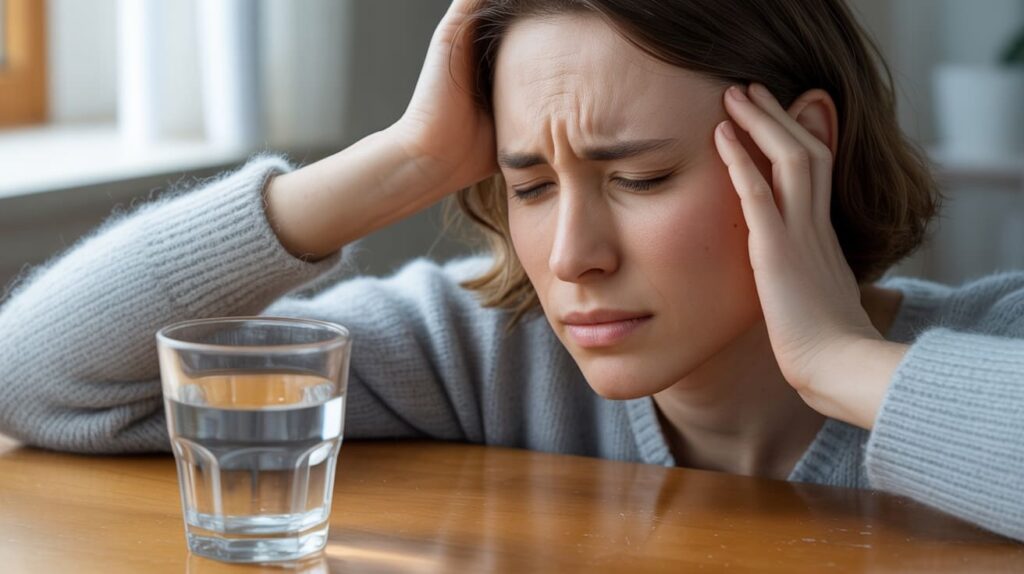 Kobieta masująca skroń odczuwająca napięciowy ból głowy, częsty objaw przy zaburzeniach lękowych.