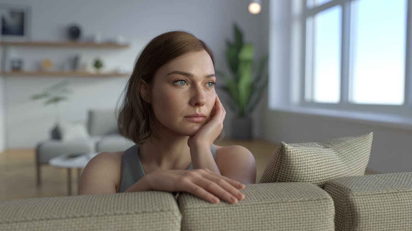 Kobieta siedząca na sofie z wyrazem niepokoju i zamyślenia - obrazuje zaburzenia depresyjno-lękowe.