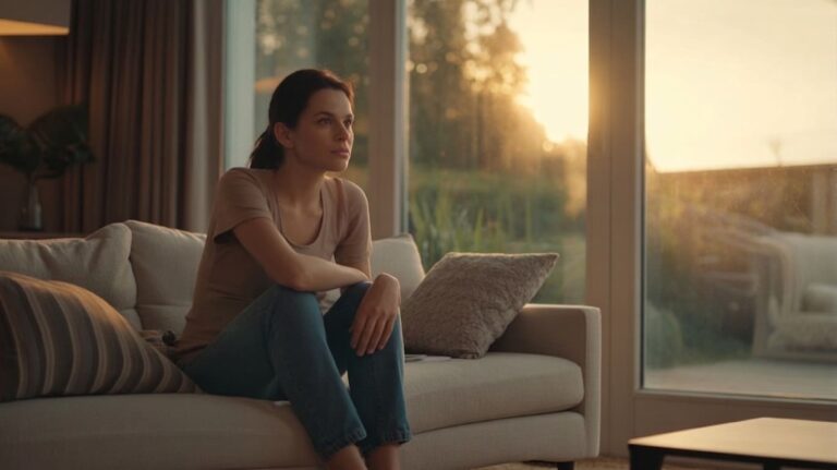 Kobieta siedząca na kanapie, odczuwająca objawy wypalenia zawodowego i przewlekłe zmęczenie.
