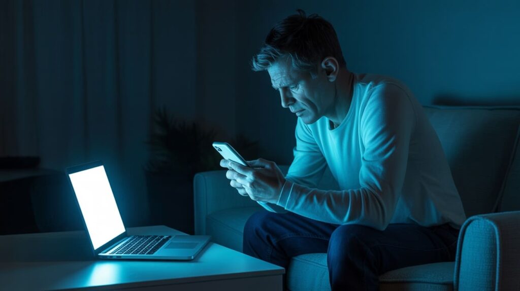 starszy mężczyzna wpatrujący się w ekran smartfona